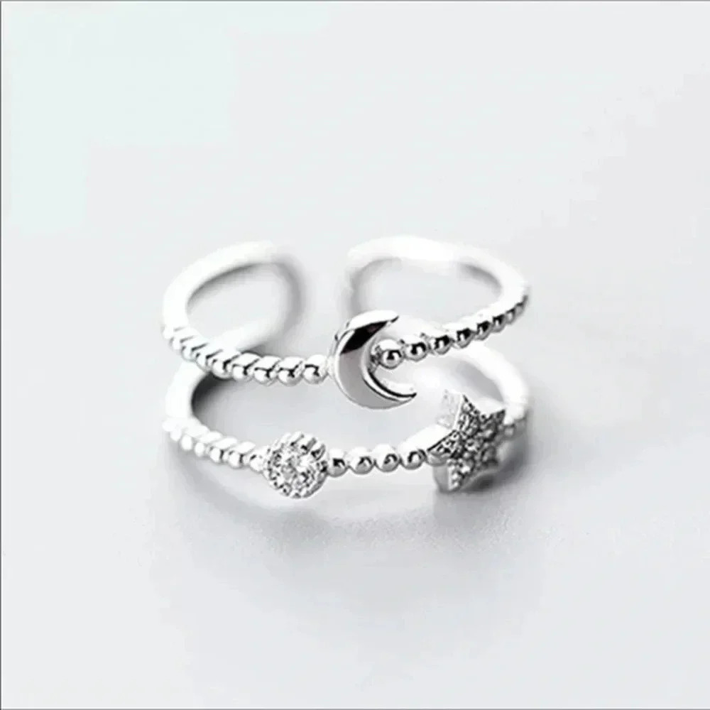Moon & Stars 925 Silver Adjustable Ring NWT